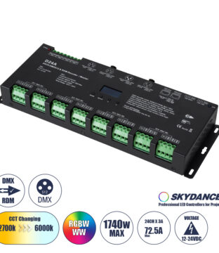 Dimmer High Speed Controller / Decoder / Master 24 Καναλιών DC 12-24V 24 x 3A 72W – Max 72.5A 1740W – IP20 DMX512 Μ16.7 x Π5 x Υ2.4cm – 5 Years Warranty