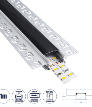 Προφίλ Αλουμινίου – Βάση & Ψύκτρα Ταινίας LED με Μαύρο Φιμέ Κάλυμμα – Χωνευτή Χρήση σε Γυψοσανίδα – Trimless – Πατητό Κάλυμμα – Ασημί – 1 Μέτρο – Μ100 x Π6.7 x Υ1.4cm