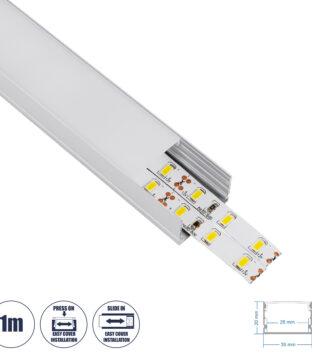 Προφίλ Αλουμινίου – Βάση & Ψύκτρα Ταινίας LED με Λευκό Γαλακτερό Κάλυμμα – Επιφανειακή Χρήση – Πατητό Κάλυμμα – Ασημί – 1 Μέτρο – Μ100 x Π3 x Υ2cm