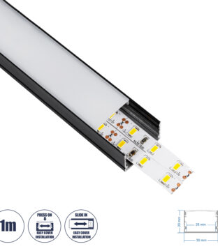 Προφίλ Αλουμινίου – Βάση & Ψύκτρα Ταινίας LED με Λευκό Γαλακτερό Κάλυμμα – Επιφανειακή Χρήση – Πατητό Κάλυμμα – Μαύρο – 1 Μέτρο – Μ100 x Π3 x Υ2cm