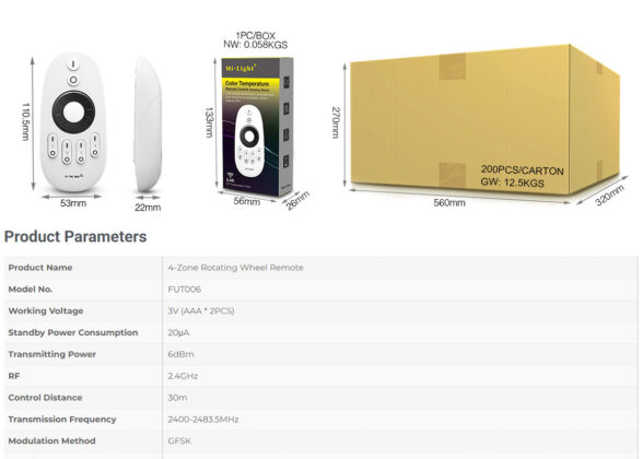 FUT006 Mi-Light Ασύρματο Χειριστήριο RF 2.4Ghz 4 Group για όλα τα Μονόχρωμα & CCT Mi-BOXER Controller DC 3V 2 x AAA - IP20 Λευκό Μ10.8 x Π5.4 x Υ2cm - 5 Years Warranty