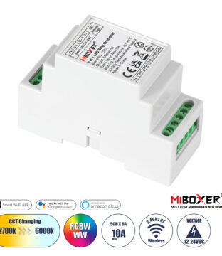 LS2S Mi-BOXER DC WiFi & RF 2.4Ghz Dimmer High Speed Controller 5 Καναλιών DC 12-24V 5 x 6A 144W – Max 10A 240W – IP20 RGBW+WW – Din Rail Ράγας – Μ9 x Π3.4 x Υ6cm – 5 Years Warranty