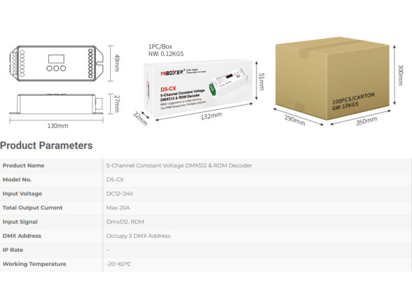 D5-CX Mi-BOXER DC DMX & RDM Dimmer High Speed Controller / Decoder 5 Καναλιών DC 12-24V 5 x 4A 96W - Max 20A 480W - IP20 Μ13 x Π5 x Υ2.5cm - 5 Years Warranty