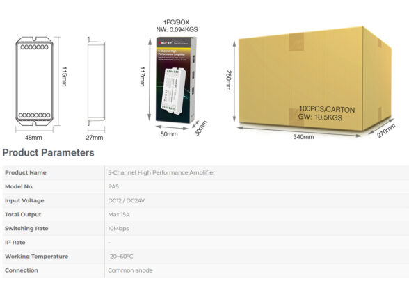 PA5 Mi-BOXER DC Power & Signal High Speed Amplifier Ενισχυτής Ισχύος & Σήματος Υψηλών Ταχυτήτων 5 Καναλιών DC 12-24V 5 x 6A 144W - Max 15A 360W - IP20 RGBW+WW Μ11.4 x Π4.9 x Υ2.8cm - 5 Years Warranty