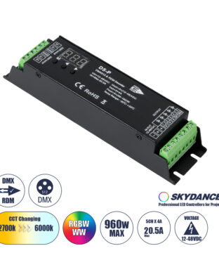 D5-P SKYDANCE DC DMX & RDM Dimmer High Speed Controller / Decoder 5 Καναλιών DC 12-48V 5 x 4A 192W – Max 20.5A 960W – IP20 Μ17.5 x Π4.5 x Υ3.5cm – 5 Years Warranty