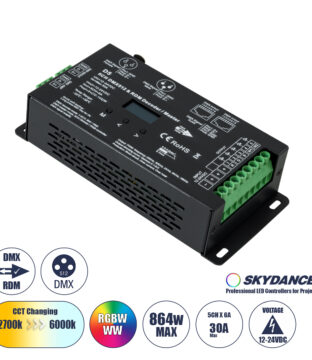 D5 SKYDANCE DC DMX & RDM Dimmer High Speed Controller / Decoder 5 Καναλιών DC 12-24V 5 x 6A 144W – Max 30A 864W – IP20 Μ17 x Π8 x Υ4cm – 5 Years Warranty