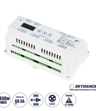 DC DMX & RDM Dimmer Din Rail Ράγας High Speed Controller / Decoder / Master 12 Καναλιών DC 12-24V 12 x 5A 120W – Max 60.5A 1440W – IP20 Μ15.5 x Π9 x Υ6cm – 5 Years Warranty