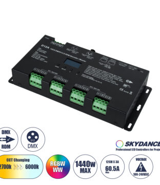 DC DMX & RDM Dimmer High Speed Controller / Decoder / Master 12 Καναλιών DC 12-24V 12 x 5A 120W – Max 60.5A 1440W – IP20 Μ25 x Π11.5 x Υ4cm – 5 Years Warranty