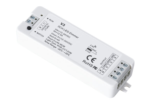 DC RF 2.4Ghz Dimmer High Speed Controller 3 Καναλιών DC 12-24V 3 x 5A 96W - Max 12A 288W - IP20 Μ10 x Π3.5 x Υ2cm - 5 Years Warranty