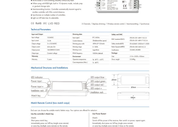 DC RF 2.4Ghz Dimmer High Speed Controller 3 Καναλιών DC 12-24V 3 x 5A 96W - Max 12A 288W - IP20 Μ10 x Π3.5 x Υ2cm - 5 Years Warranty