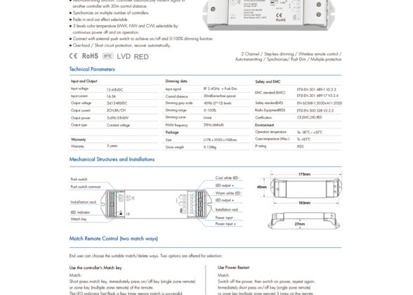 DC RF 2.4Ghz Dimmer High Speed Controller & Push Dimming 2 Κανάλια DC 12-48V 2 x 8A 384W - Max 16.5A 384W - IP20 Μ17.5 x Π4.5 x Υ2.5cm - 5 Years Warranty