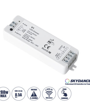 DC RF 2.4Ghz Dimmer High Speed Controller & Push Dimming 1 Κανάλι DC 5-36V 1 x 8A 288W – Max 8.5A 288W – IP20 Μ10 x Π3.5 x Υ2cm – 5 Years Warranty