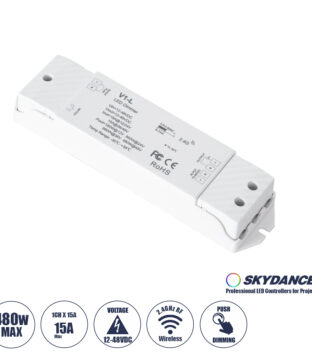 DC RF 2.4Ghz Dimmer High Speed Controller & Push Dimming 1 Κανάλι DC 12-48V 1 x 15A 480W – Max 15A 480W – IP20 Μ17.5 x Π4.5 x Υ2.5cm – 5 Years Warranty