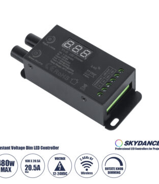 V1-B SKYDANCE DC RF 2.4Ghz Dimmer Constant Voltage Controller 1 Κανάλι DC 12-24V 1 x 20.5A 480W – Max 20.5A 480W – IP20 Μ9 x Π4 x Υ2.8cm – 5 Χρόνια Εγγύηση