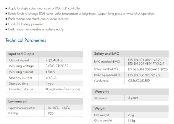 RK1 SKYDANCE Ασύρματο Χειριστήριο RF 2.4Ghz & Push Dimming 1 Group για όλα τα Μονόχρωμα SKYDANCE Controller DC 3V 1 x CR2032 - IP20 Μ9.1 x Π7.2 x Υ5.7cm - 5 Χρόνια Εγγύηση