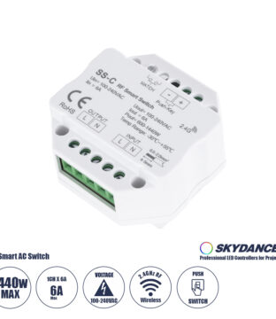 SS-C SKYDANCE AC RF 2.4Ghz & Push Switch 1 Κανάλι AC 100-240V 1 x 6A 1440W – Max 6A 1440W – IP20  Μ5.2 x Π5.2 x Υ2.6cm – 5 Χρόνια Εγγύηση