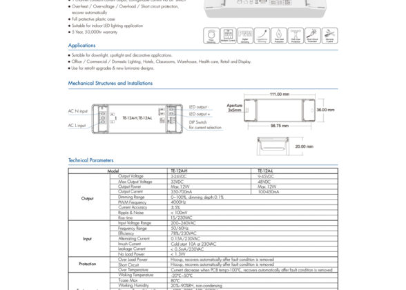 TE-12A-L SKYDANCE AC Triac Dimmable Constant Current LED Driver 1 Κανάλι AC 200-240V 1 x 0.15A 12W - Max 0.15A 12W - IP20  Μ11.1 x Π3.7 x Υ2cm - 5 Χρόνια Εγγύηση