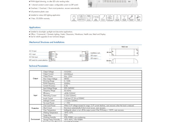 TE-25A SKYDANCE AC Triac Dimmable Constant Current LED Driver 1 Κανάλι AC 200-240V 1 x 0.22A 25W - Max 0.22A 25W - IP20  Μ17.5 x Π4.4 x Υ3cm - 5 Χρόνια Εγγύηση