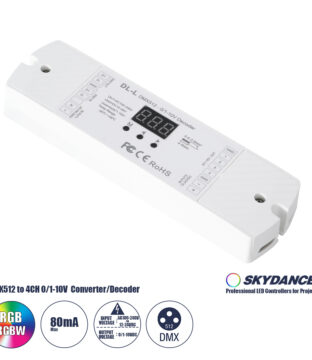 DL-L SKYDANCE AC DMX512 to 0/1-10V Converter / Decoder 4 Καναλιών – 2 Inputs DC 12-24V ή AC 100-240V – IP20  Μ17 x Π5 x Υ2.5cm – 5 Χρόνια Εγγύηση