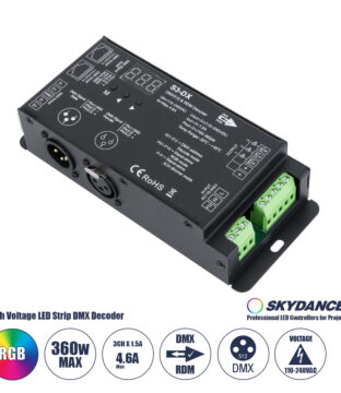 S3-DX SKYDANCE AC DMX512 High Voltage LED Strip Decoder 3 Καναλιών AC 110-240V 3 x 1.5A 360W – Max 4.6A 360W – IP20 Π16.5 x Π7 x Υ3.7cm – 5 Χρόνια Εγγύηση