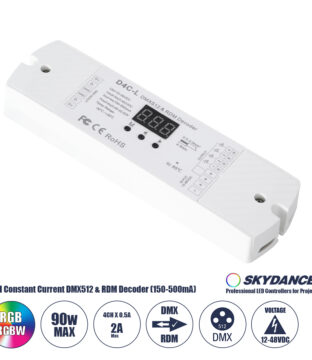 D4C-L SKYDANCE DC DMX512 Constant Current & RDM Decoder 4 Καναλιών DC 12-48V 4 x 0.5A 22.5W – Max 2A 90W – IP20  Μ17 x Π5 x Υ2.5cm – 5 Χρόνια Εγγύηση