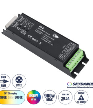 D5-E SKYDANCE DC DMX512 & RDM Decoder 5 Καναλιών DC 12-48V 5 x 4A 960W – Max 20.5A 960W – IP20 Μ17.5 x Π4.5 x Υ3.3cm – 5 Χρόνια Εγγύηση