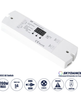 DP SKYDANCE AC DMX512 Push Switch 1 Κανάλι AC 100-240V 1 x 5A 1200W – Max 5A 1200W – IP20  Μ17 x Π5 x Υ2.5cm – 5 Χρόνια Εγγύηση