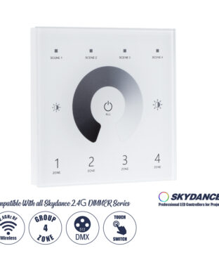 Ασύρματο DMX512 Επιτοίχιο Χειριστήριο RF 2.4Ghz 4 Group για όλα τα SKYDANCE DMX512 Controller AC 100-240V Max 0.1A – IP20 Μ8.5 x Μ8.5 x Π8.5 x Υ3.5cm – 5 Χρόνια Εγγύηση