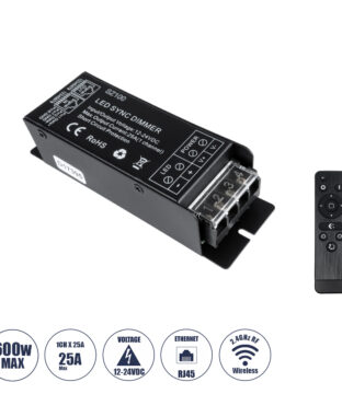 DC RF 2.4Ghz Controller & Dimmer 1 Κανάλι DC 12-24V 25A MAX 600W IP 20 Μ12.7 x Π4 x Υ3.2cm με Χειριστήριο RF 2.4Ghz SYNC