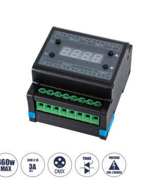 AC Triac DMX Dimmer Din Rail Ράγας 3 Καναλιών AC 100-240V 3 x 1A 220W – Max 3A 660W – IP20 Μ8 x Π9 x Υ6cm – 5 Years Warranty