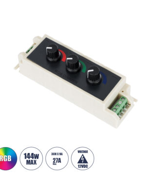 DC RGB Dimmer Controller 3 Καναλιών DC 12V 3 x 9A 144W – Max 27A 144W – IP20 Μ13 x Π4 x Υ4.5cm – 3 Χρόνια Εγγύηση