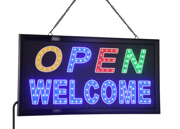 Φωτιστικό Ταμπέλα LED Σήμανσης OPEN WELCOME με Πρίζα AC 230V Μ48xΠ25xΥ2cm