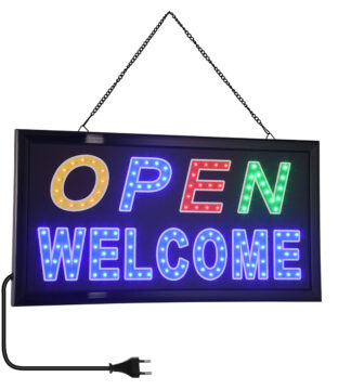 Φωτιστικό Ταμπέλα LED Σήμανσης OPEN WELCOME με Πρίζα AC 230V Μ48xΠ25xΥ2cm