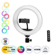 Professional Digital Ring Light Φ20cm LED SMD 20W 2000lm 180° DC 5V με Καλώδιο Τροφοδοσίας USB – Ενσωματωμένο Χειριστήριο Εναλλαγής Χρωμάτων & 1 Βάση Τηλεφώνου – Πολύχρωμο RGBW+WW Dimmable