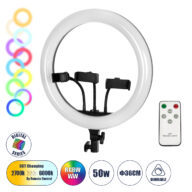 Professional Digital Ring Light Φ36cm LED SMD 50W 5000lm 180° DC 5V με Καλώδιο Τροφοδοσίας USB – Ενσωματωμένο και Ασύρματο Χειριστήριο RF 2.4Ghz Εναλλαγής Χρωμάτων & 3 Βάσεις Τηλεφώνου – Πολύχρωμο RGBW+WW Dimmable