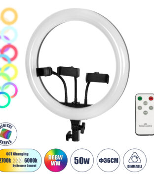 Professional Digital Ring Light Φ36cm LED SMD 50W 5000lm 180° DC 5V με Καλώδιο Τροφοδοσίας USB – Ενσωματωμένο και Ασύρματο Χειριστήριο RF 2.4Ghz Εναλλαγής Χρωμάτων & 3 Βάσεις Τηλεφώνου – Πολύχρωμο RGBW+WW Dimmable