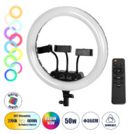 Professional Digital Ring Light Φ36cm LED SMD 50W 5000lm 180° AC 230V με Καλώδιο Τροφοδοσίας Πρίζας – Ασύρματο Χειριστήριο RF 2.4Ghz Εναλλαγής Χρωμάτων & 3 Βάσεις Τηλεφώνου – Πολύχρωμο RGBW+WW Dimmable