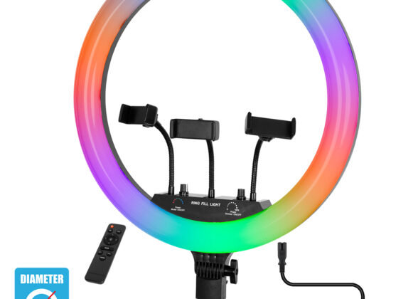 Professional Digital Ring Light Φ46cm LED SMD 70W 7000lm 180° AC 230V με Καλώδιο Τροφοδοσίας Πρίζας - Ασύρματο Χειριστήριο RF 2.4Ghz Εναλλαγής Χρωμάτων & 3 Βάσεις Τηλεφώνου - Πολύχρωμο RGBW+WW Dimmable