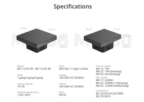 SONOFF M5-1C-80 SwitchMan Mechanical Smart Switch WiFi & Bluetooth AC 100-240V Max 10A 2200W (10A/Way) 1 Way