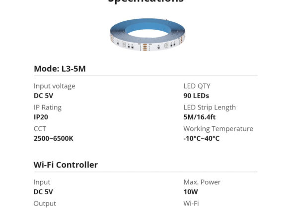 SONOFF L3-5M RGB Smart LED Strip Light WiFi 2.4GHz 90 SMD/M 5050 5m Roll & Power Adapter DC 5V Max 10W