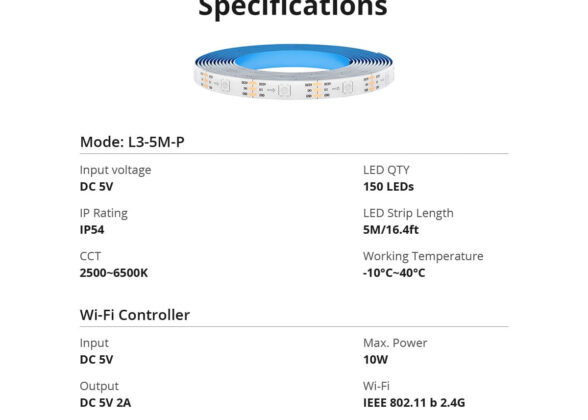 SONOFF L3-5M-PRO RGBIC Digital IC RGB Smart LED Strip Light WiFi 2.4GHz 90 SMD/M 5050 5m Roll & Power Adapter DC 5V Max 10W