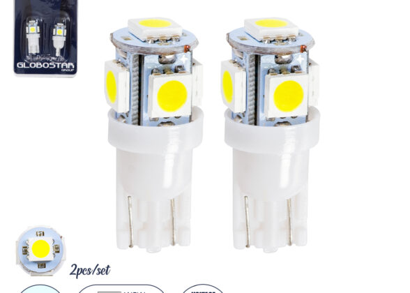 Λάμπες Αυτοκινήτου LED T10 5xSMD5050 2W 300lm 360° DC 12-16V IP20 Φ1.1 x Υ2.8cm Ψυχρό Λευκό 6000K - Σετ 2 Τεμαχίων σε Blister