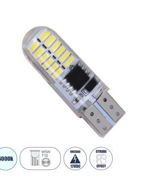 Λάμπα Αυτοκινήτου LED STROBE T10 W5W 24xSMD3014 1W 150lm 360° DC 12-16V IP20 Φ1 x Υ3.2cm Ψυχρό Λευκό 6000K