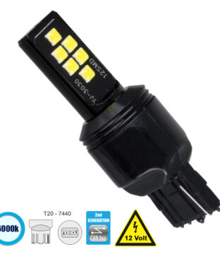 Λάμπα Αυτοκίνητου T20 – 7440 – W21W 2nd Generation Can-Bus Series LED 12 SMD 3030 8W 1200lm 360° DC 12V IP20 Ψυχρό Λευκό 6000K