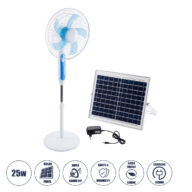 Solar Fan Αυτόνομος Ηλιακός Επιδαπέδιος Ανεμιστήρας 25W 2 Λειτουργιών Ρεύματος με AC 220-240V ή με Φωτοβολταϊκό Panel 9V 12W & Επαναφορτιζόμενη Μπαταρία Li-ion 7.4V 4400mAh – 3 Ταχύτητες – Ενσωματωμένο USB 2.0 Charger Συσκευών – IP20 – Μ44 x Π37.5 x Υ132cm – Λευκό & Μπλε – 2 Years Warranty