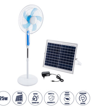 Solar Fan Αυτόνομος Ηλιακός Επιδαπέδιος Ανεμιστήρας 25W 2 Λειτουργιών Ρεύματος με AC 220-240V ή με Φωτοβολταϊκό Panel 9V 12W & Επαναφορτιζόμενη Μπαταρία Li-ion 7.4V 4400mAh – 3 Ταχύτητες – Ενσωματωμένο USB 2.0 Charger Συσκευών – IP20 – Μ44 x Π37.5 x Υ132cm – Λευκό & Μπλε – 2 Years Warranty