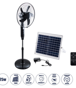 Solar Fan Αυτόνομος Ηλιακός Επιδαπέδιος Ανεμιστήρας 25W 2 Λειτουργιών Ρεύματος με AC 220-240V ή με Φωτοβολταϊκό Panel 9V 15W & Επαναφορτιζόμενη Μπαταρία Li-ion 7.4V 6000mAh – 12 Ταχύτητες – Ασύρματο Χειριστήριο – Ενσωματωμένο USB 2.0 Charger Συσκευών – IP20 – Μ44 x Π37.5 x Υ132cm – Μαύρο – 2 Years Warranty