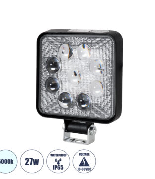 Φώτα Εργασίας για Οχήματα LED 27W DC 10-30V Αδιάβροχο IP67 Ψυχρό Λευκό 6000K Μ14 x Π11 x Υ2.2cm