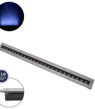 Χωνευτό Φωτιστικό Wall Washer Δαπέδου LED 18W 1440lm 10° DC 24V Αδιάβροχο IP68 L100 x W9 x H7.2cm Μπλε – Ανοξείδωτο Ατσάλι – 3 Years Warranty