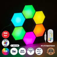 Σετ 6 Ψηφιακων LED RGB Φωτιστικών Κυψελών με Ψηφιακό Controller με WiFi Smart APP & Ασύρματο Χειριστήριο RF 2.4Ghz – LED SMD 5050 9W/Σετ 84PIXEL/Σετ 720lm/Σετ 120° DC 5V με USB 2.0 IP20 Πολύχρωμο RGB – Dimmable – Μ10.5 x Π10.5 x Υ3cm Ανά Κυψέλη – 2 Χρόνια Εγγύηση